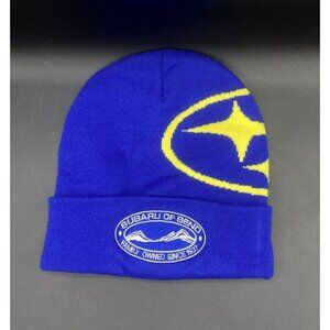 Subaru Of Bend Central Oregon Beanie Hat Blue Gold Spell Out